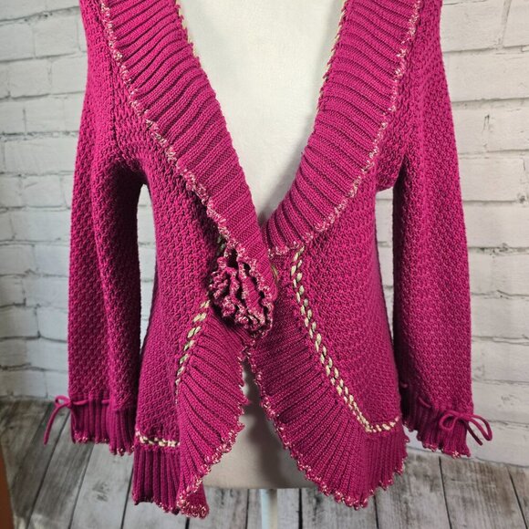WOMENS RUBY RD CARDIGAN SWEATER RUFFLED EDGES PLUM COLOR ROSSETTE CLOSURE SIZE L - Picture 7 of 7